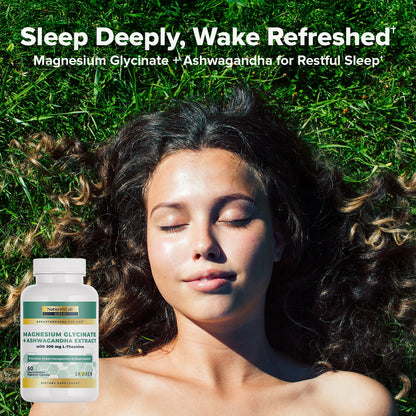 Sleeping woman with magnesium glycinate & ashwagandha supplement bottle