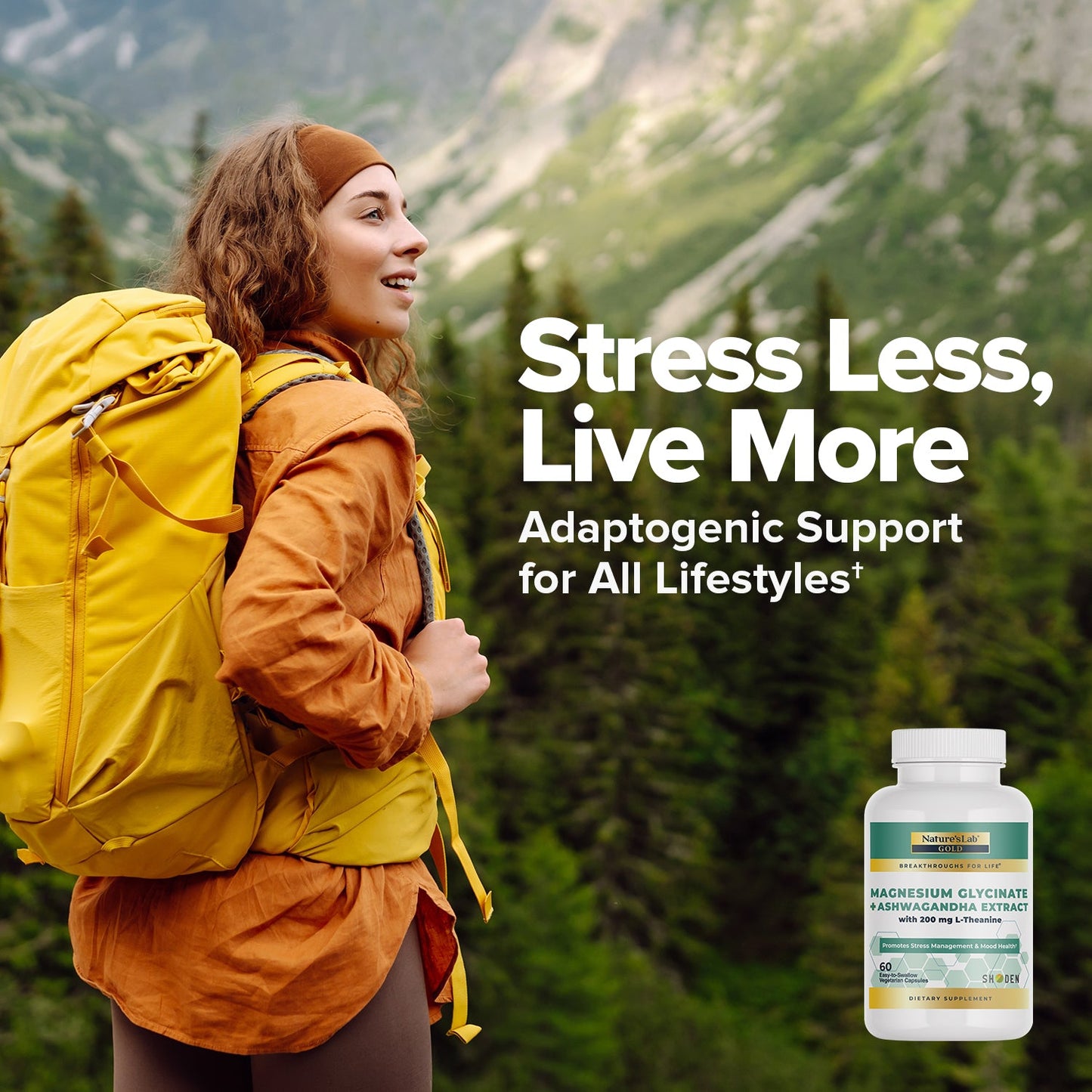 Hiking woman outdoors with magnesium glycinate & ashwagandha supplement bottle