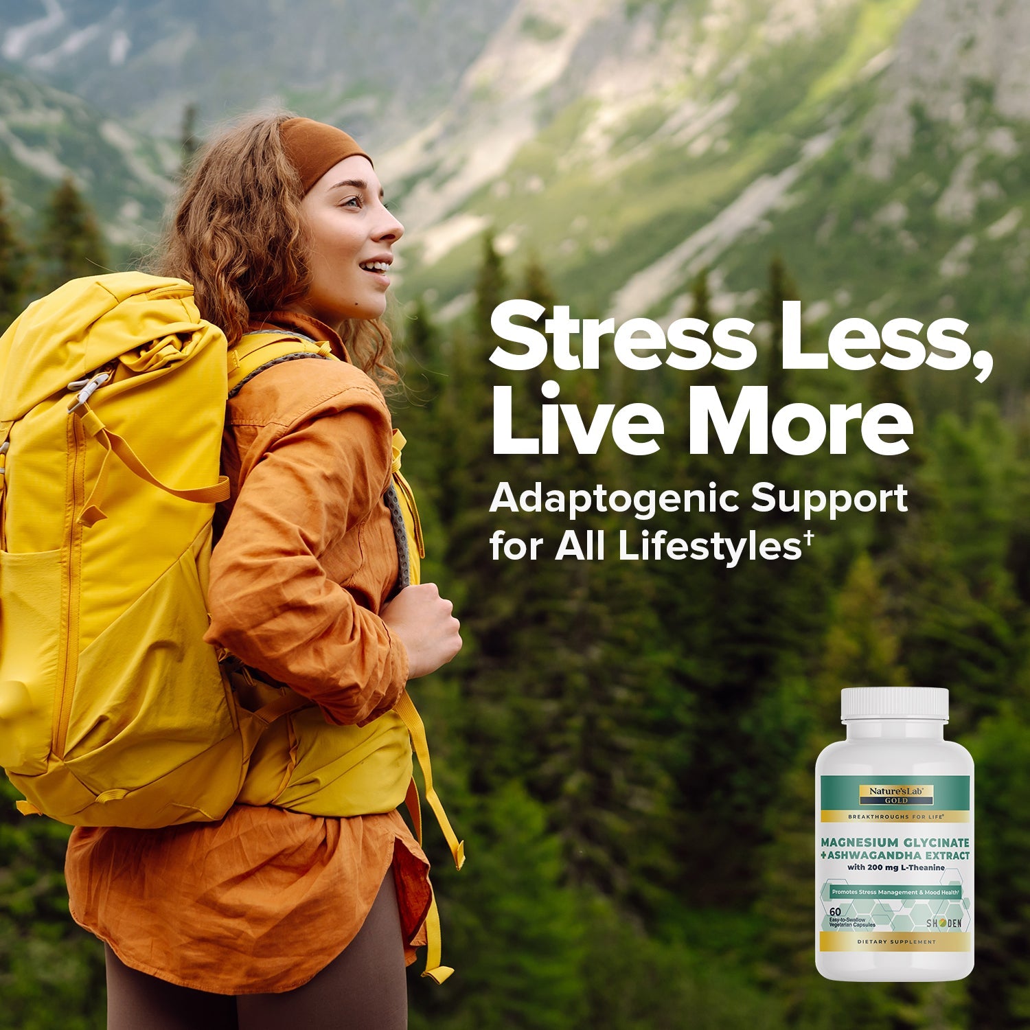 Hiking woman outdoors with magnesium glycinate & ashwagandha supplement bottle