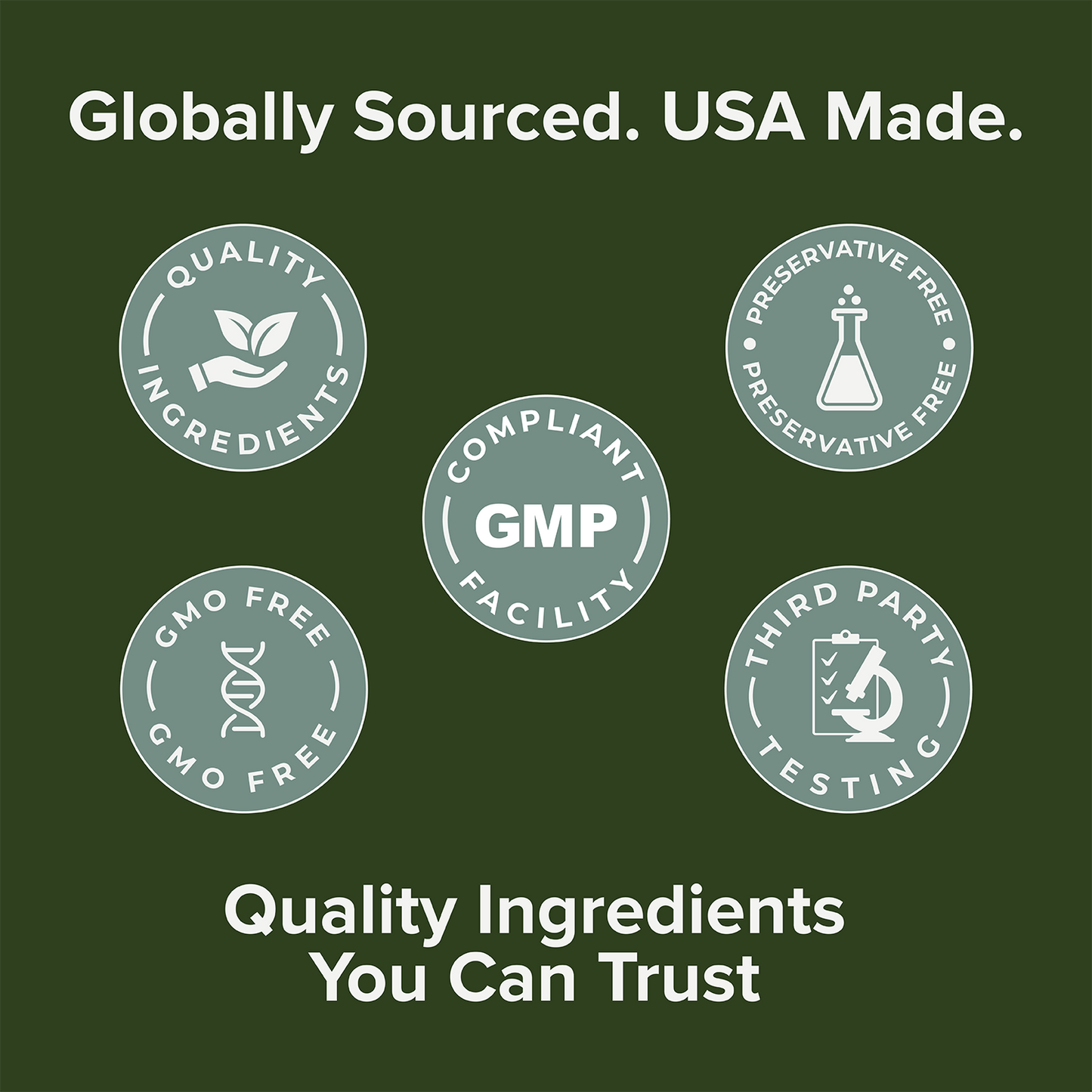 Supplement quality badges: GMP facility, compliant ingredients, and preservative-free