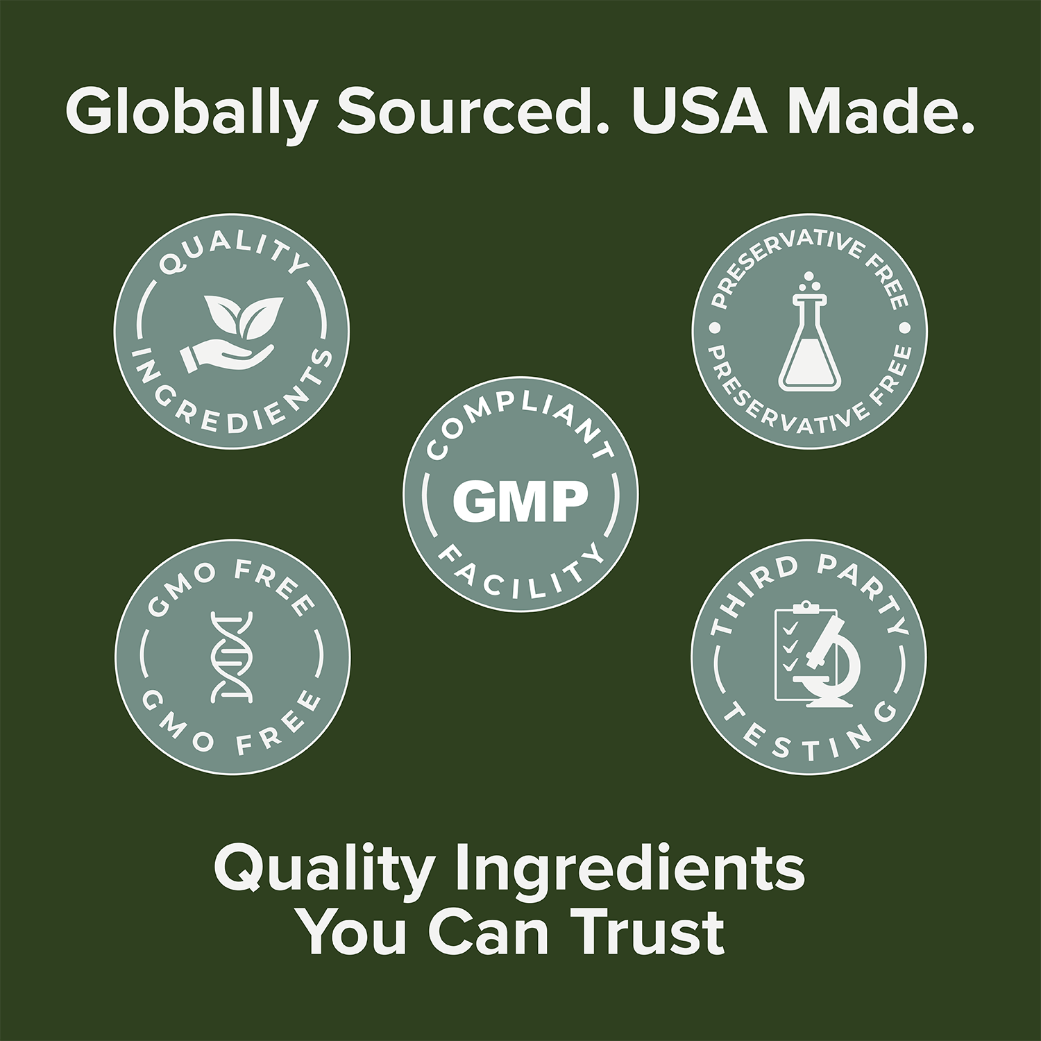 Supplement quality badges: GMP facility, compliant ingredients, and preservative-free