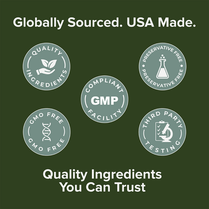 Supplement quality badges: GMP facility, compliant ingredients, and preservative-free