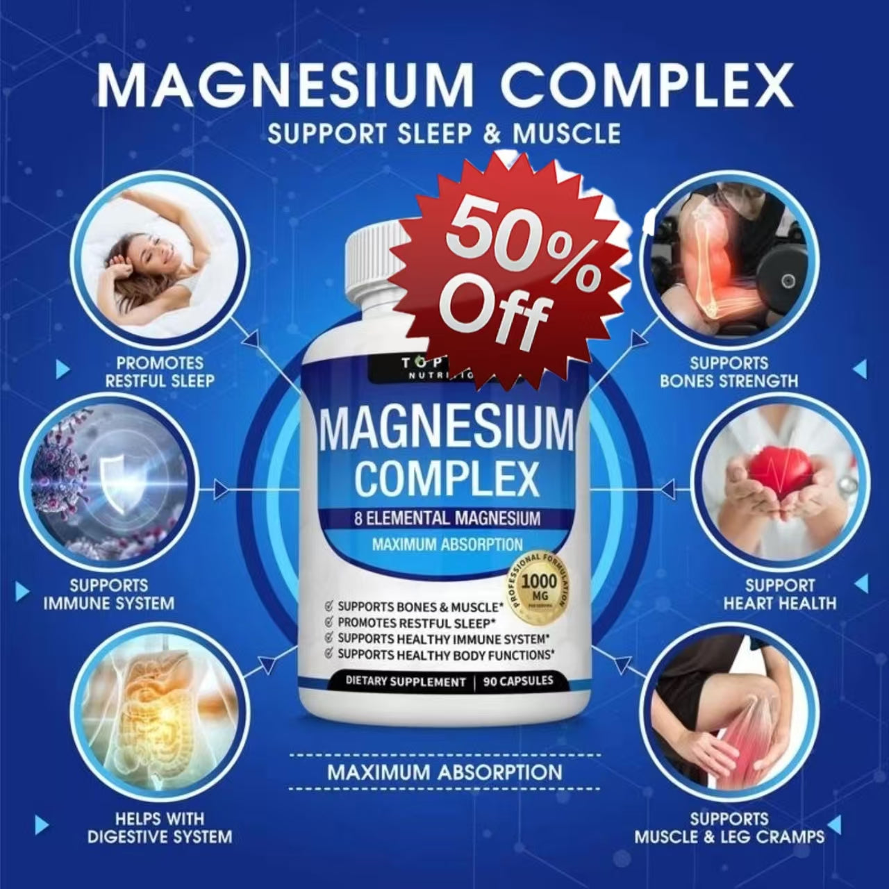 Magnesium Complex Supplement 8 Elemental 1000mg - Magnesium Glycinate, Citrate, Malate, Taurate, Chelated for Easy Absorption for Bones, Muscle, Recovery, Energy, Vegan Non-GMO 90 Capsules - Renee Lane Company