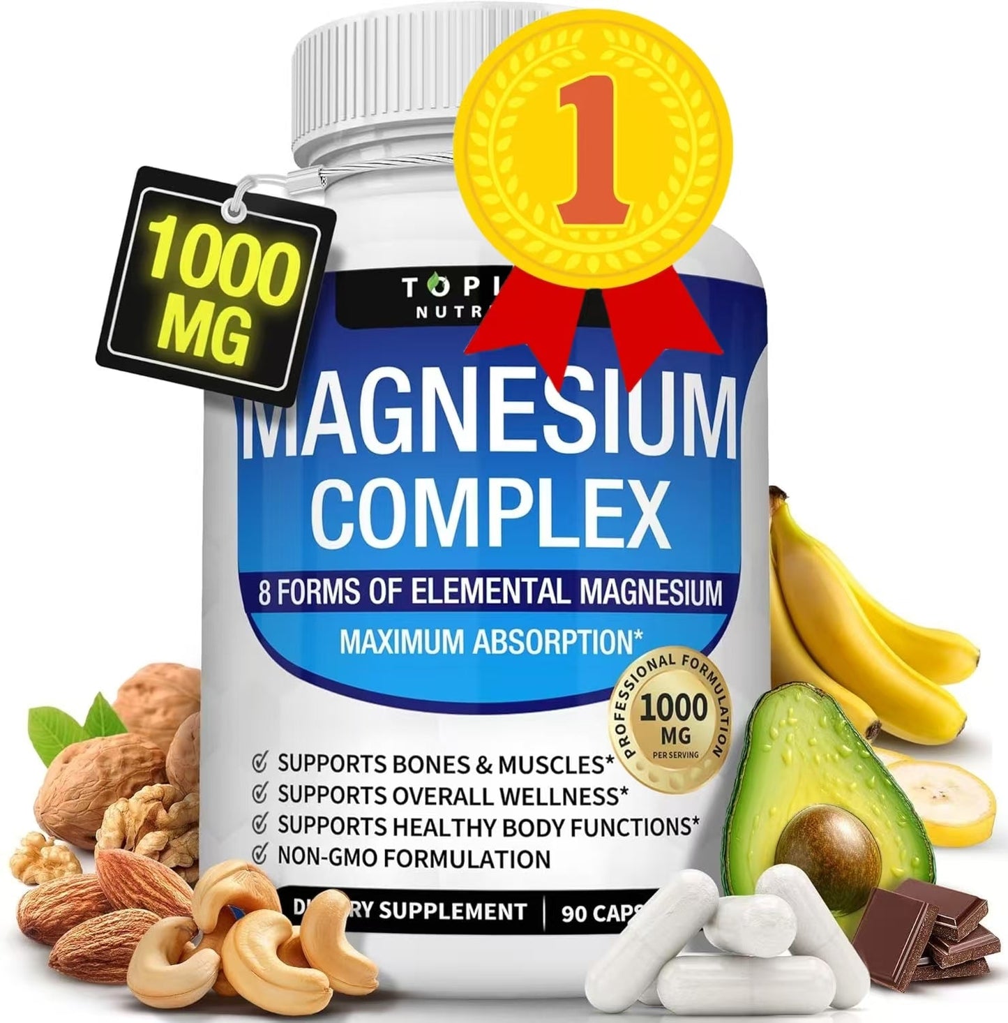 Magnesium Complex Supplement 8 Elemental 1000mg - Magnesium Glycinate, Citrate, Malate, Taurate, Chelated for Easy Absorption for Bones, Muscle, Recovery, Energy, Vegan Non-GMO 90 Capsules - Renee Lane Company