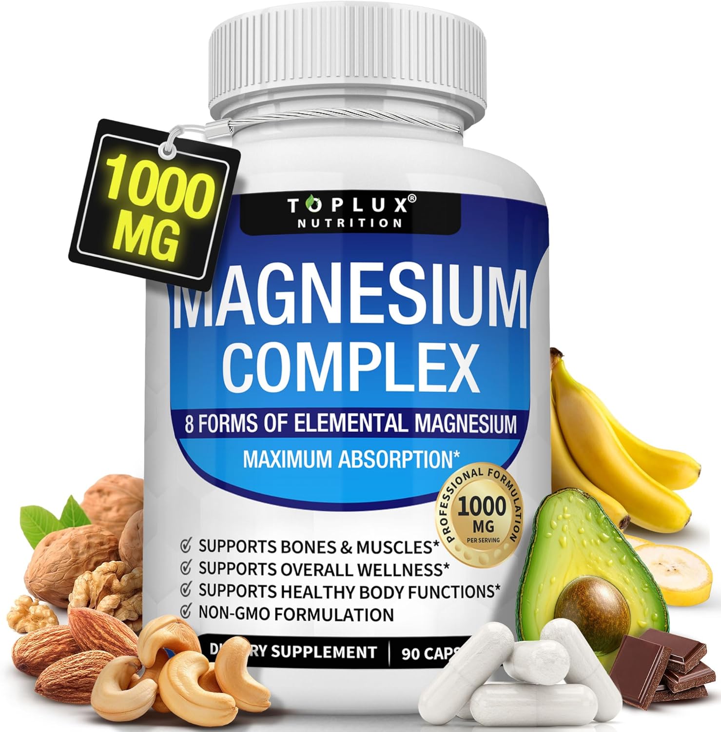 Magnesium Complex Supplement 8 Elemental 1000mg - Magnesium Glycinate, Citrate, Malate, Taurate, Chelated for Easy Absorption for Bones, Muscle, Recovery, Energy, Vegan Non-GMO 90 Capsules - Renee Lane Company