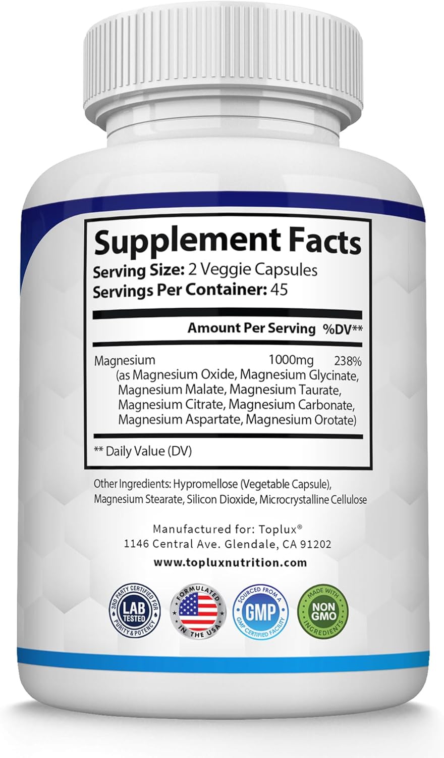 Magnesium Complex Supplement 8 Elemental 1000mg - Magnesium Glycinate, Citrate, Malate, Taurate, Chelated for Easy Absorption for Bones, Muscle, Recovery, Energy, Vegan Non-GMO 90 Capsules - Renee Lane Company