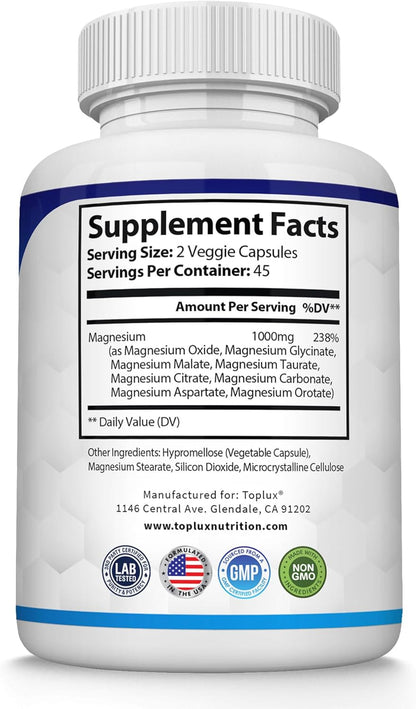 Magnesium Complex Supplement 8 Elemental 1000mg - Magnesium Glycinate, Citrate, Malate, Taurate, Chelated for Easy Absorption for Bones, Muscle, Recovery, Energy, Vegan Non-GMO 90 Capsules - Renee Lane Company