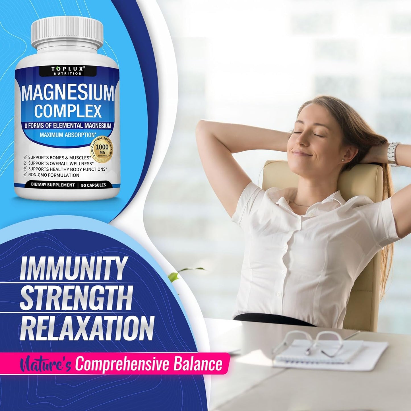 Magnesium Complex Supplement 8 Elemental 1000mg - Magnesium Glycinate, Citrate, Malate, Taurate, Chelated for Easy Absorption for Bones, Muscle, Recovery, Energy, Vegan Non-GMO 90 Capsules - Renee Lane Company