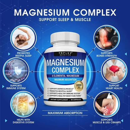 Magnesium Complex Supplement 8 Elemental 1000mg - Magnesium Glycinate, Citrate, Malate, Taurate, Chelated for Easy Absorption for Bones, Muscle, Recovery, Energy, Vegan Non-GMO 90 Capsules - Renee Lane Company