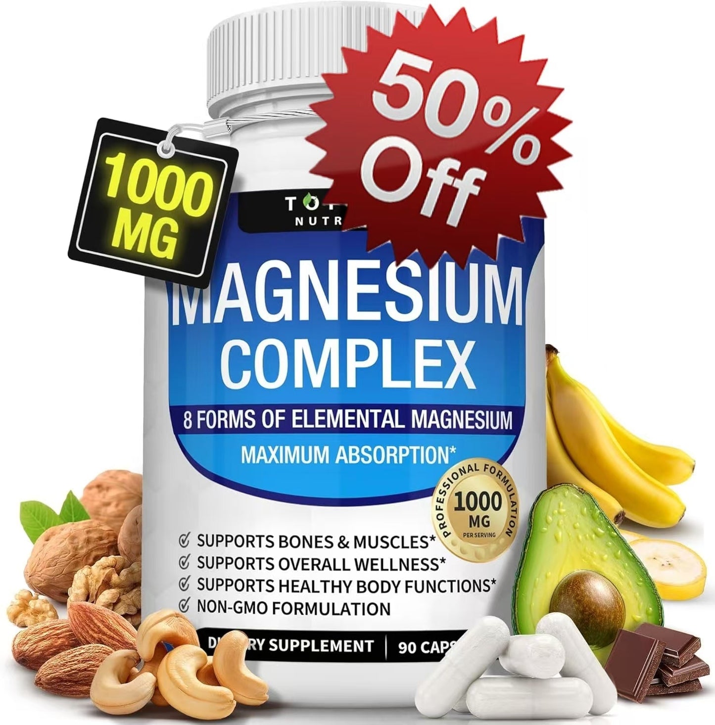 Magnesium Complex Supplement 8 Elemental 1000mg - Magnesium Glycinate, Citrate, Malate, Taurate, Chelated for Easy Absorption for Bones, Muscle, Recovery, Energy, Vegan Non-GMO 90 Capsules - Renee Lane Company