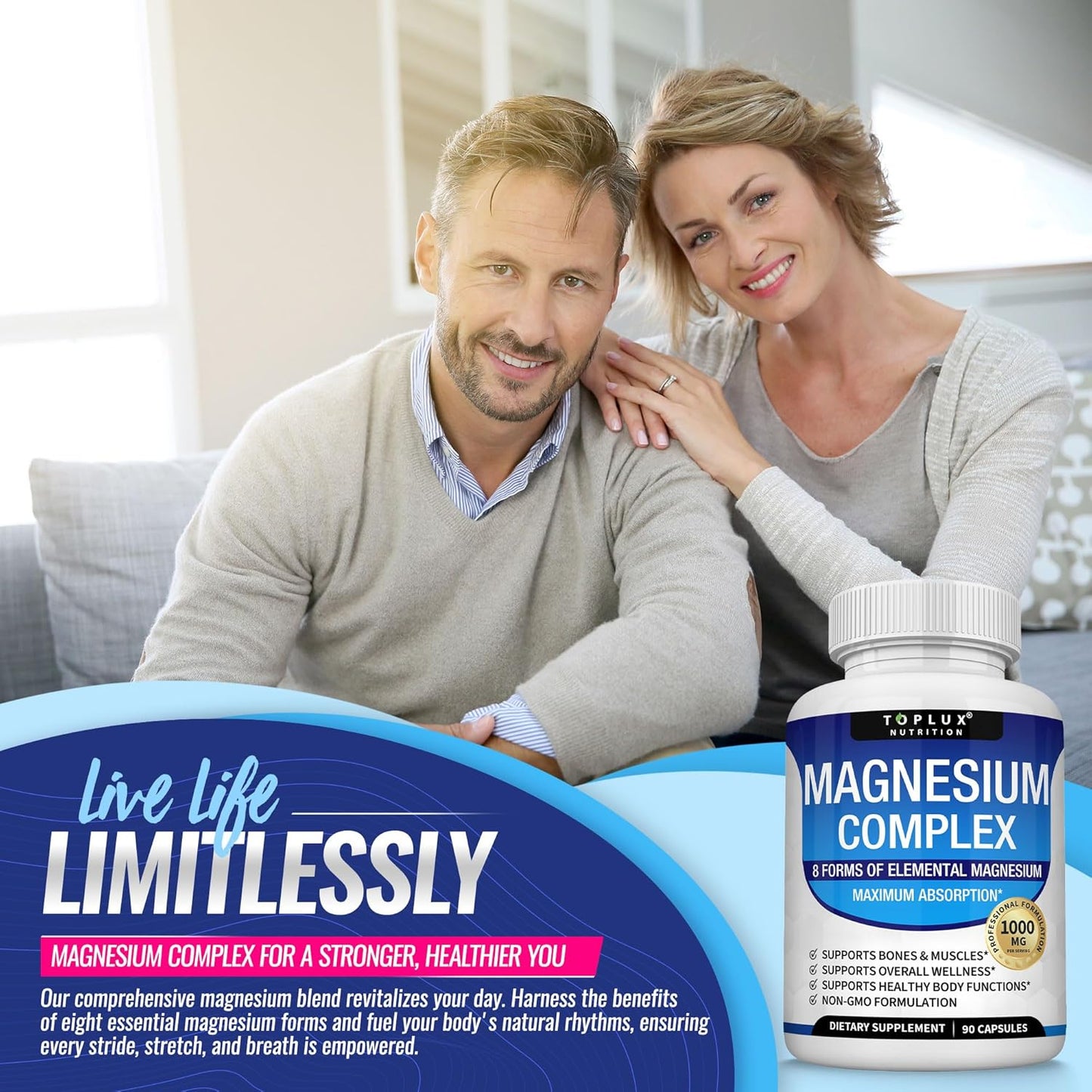 Magnesium Complex Supplement 8 Elemental 1000mg - Magnesium Glycinate, Citrate, Malate, Taurate, Chelated for Easy Absorption for Bones, Muscle, Recovery, Energy, Vegan Non-GMO 90 Capsules - Renee Lane Company