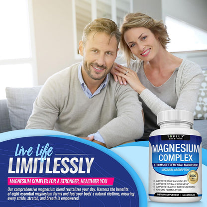 Magnesium Complex Supplement 8 Elemental 1000mg - Magnesium Glycinate, Citrate, Malate, Taurate, Chelated for Easy Absorption for Bones, Muscle, Recovery, Energy, Vegan Non-GMO 90 Capsules - Renee Lane Company