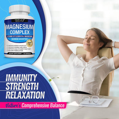 Magnesium Complex Supplement 8 Elemental 1000mg - Magnesium Glycinate, Citrate, Malate, Taurate, Chelated for Easy Absorption for Bones, Muscle, Recovery, Energy, Vegan Non-GMO 90 Capsules - Renee Lane Company