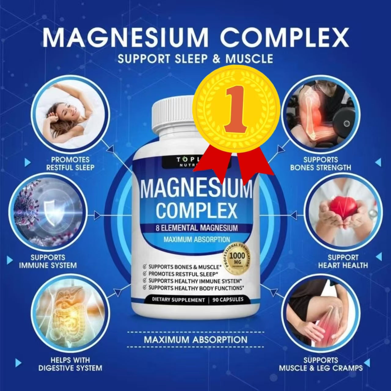 Magnesium Complex Supplement 8 Elemental 1000mg - Magnesium Glycinate, Citrate, Malate, Taurate, Chelated for Easy Absorption for Bones, Muscle, Recovery, Energy, Vegan Non-GMO 90 Capsules - Renee Lane Company