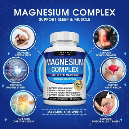 Magnesium Complex Supplement 8 Elemental 1000mg - Magnesium Glycinate, Citrate, Malate, Taurate, Chelated for Easy Absorption for Bones, Muscle, Recovery, Energy, Vegan Non-GMO 90 Capsules - Renee Lane Company