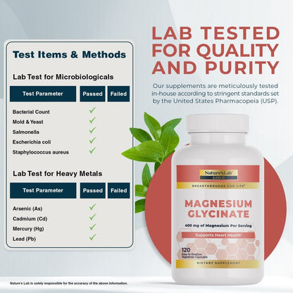 Magnesium glycinate supplement bottle with lab-tested quality badge and test checklist