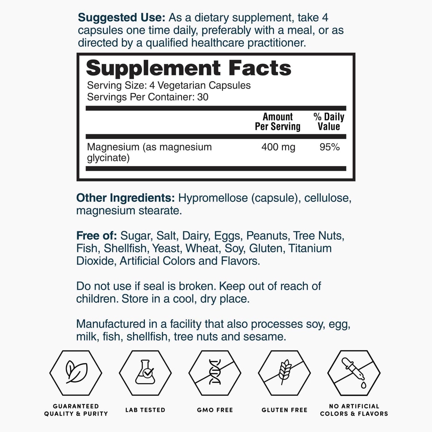 Supplement Facts panel for magnesium glycinate, serving size and daily value table