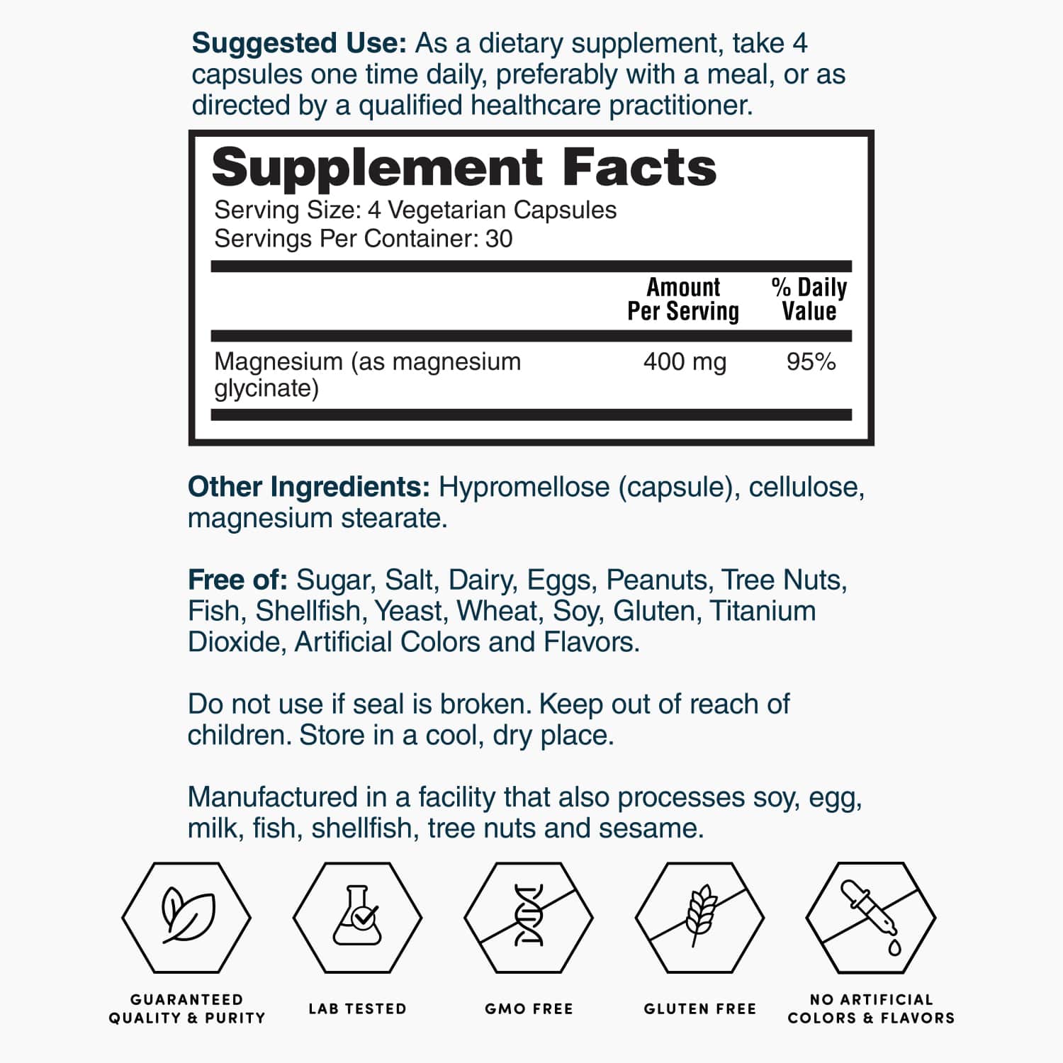 Supplement Facts panel for magnesium glycinate, serving size and daily value table