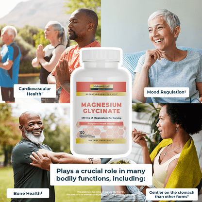 Magnesium glycinate bottle with cardiovascular health and mood regulation labels