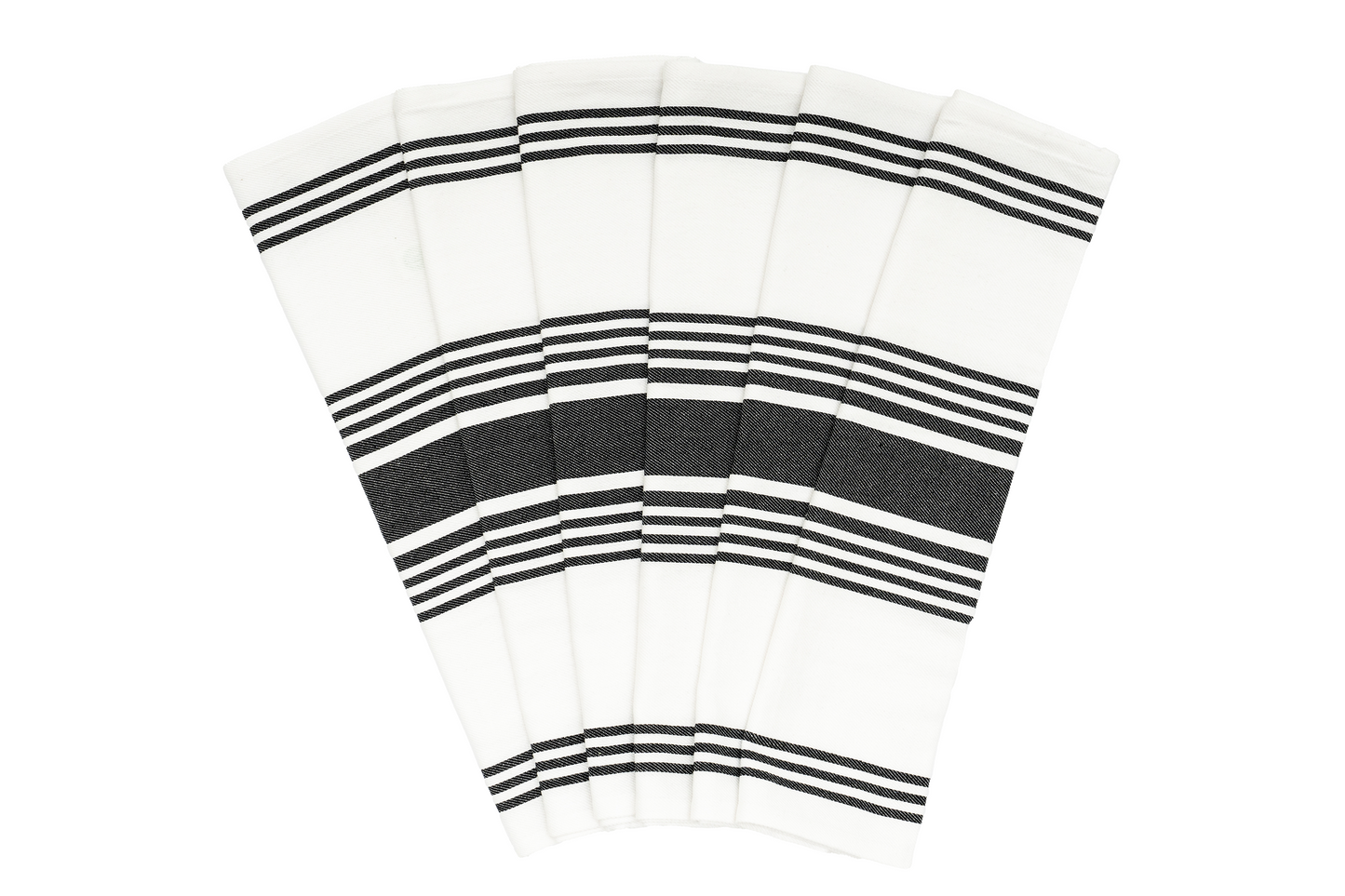 Set of kitchen towels with black-and-white horizontal stripes, folded.
