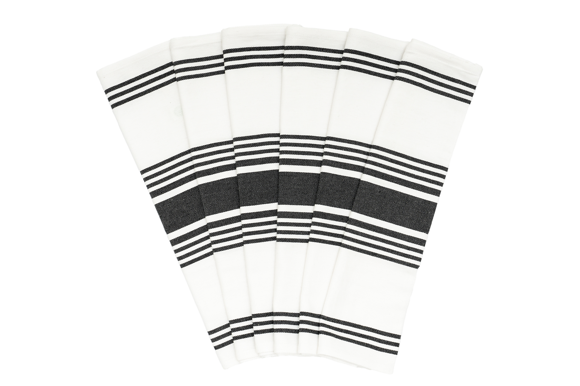 Set of kitchen towels with black-and-white horizontal stripes, folded.