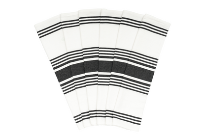 Set of kitchen towels with black-and-white horizontal stripes, folded.