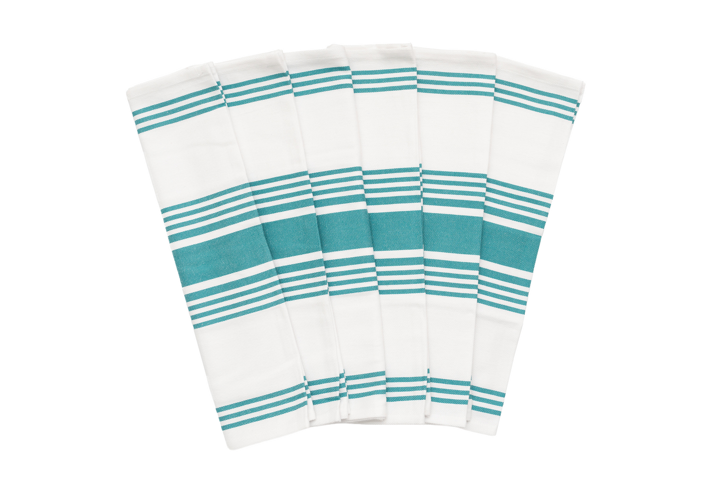 Folded kitchen towels with white base and teal horizontal stripes
