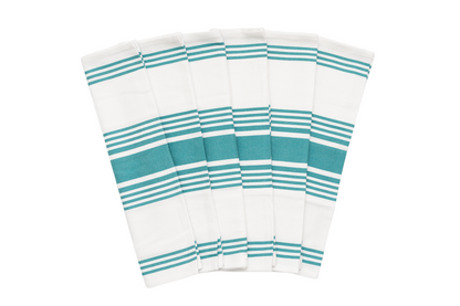 Folded kitchen towels with white base and teal horizontal stripes