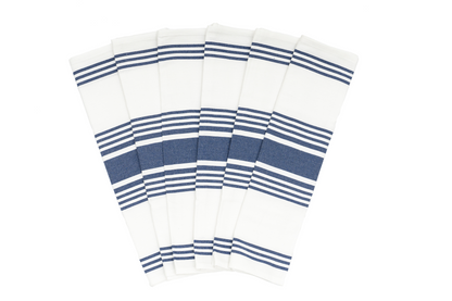 Set of kitchen towels with navy-and-white horizontal stripes, folded.