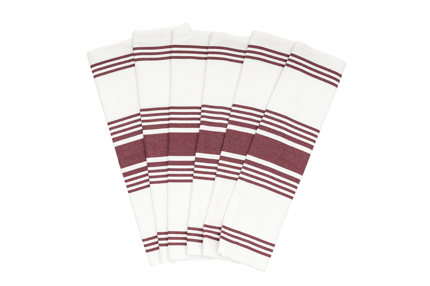 Set of kitchen towels folded together, white with maroon striped bands
