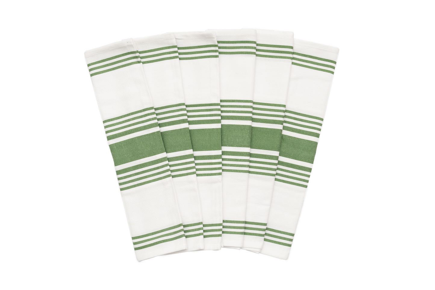 Set of white kitchen towels with green stripe bands, neatly folded