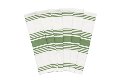 Set of white kitchen towels with green stripe bands, neatly folded