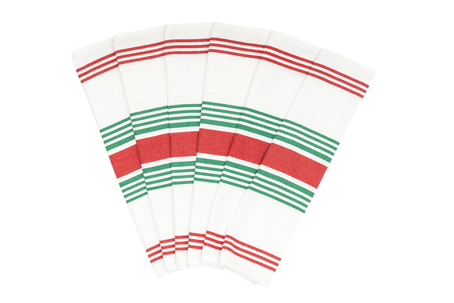 Green and red striped kitchen towels, folded fan of three pieces