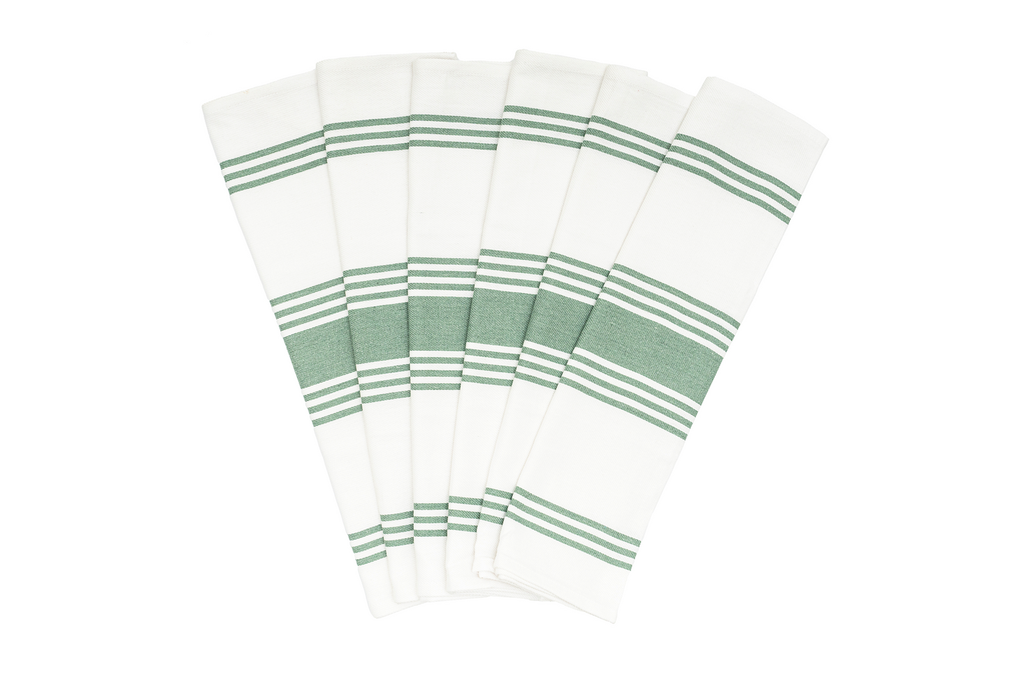 Stack of white kitchen towels with green horizontal stripes