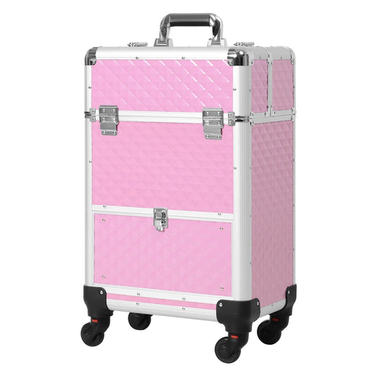 Makeup Train Case Portable Aluminum Rolling Cosmetic Organizer Trolley 4 Wheels Pink Salon Beauty Jewelry Storage - Renee Lane Company