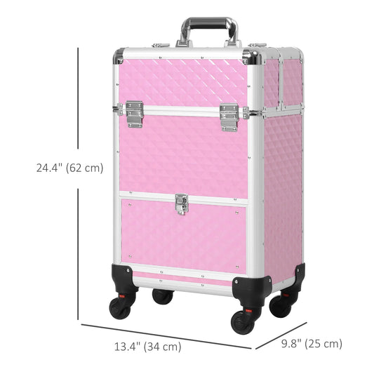 Makeup Train Case Portable Aluminum Rolling Cosmetic Organizer Trolley 4 Wheels Pink Salon Beauty Jewelry Storage - Renee Lane Company