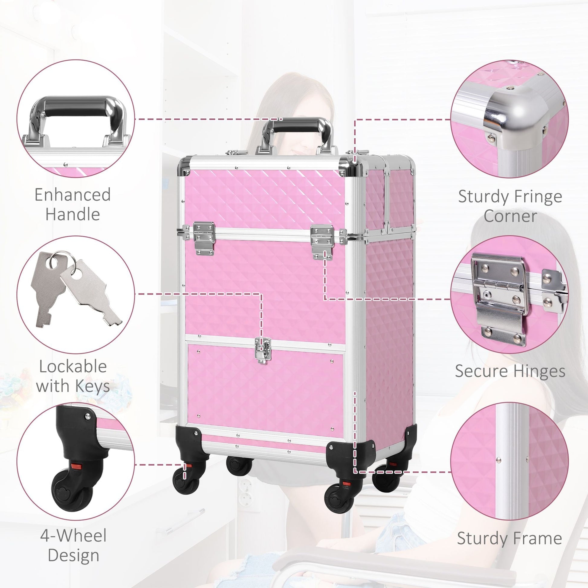 Makeup Train Case Portable Aluminum Rolling Cosmetic Organizer Trolley 4 Wheels Pink Salon Beauty Jewelry Storage - Renee Lane Company