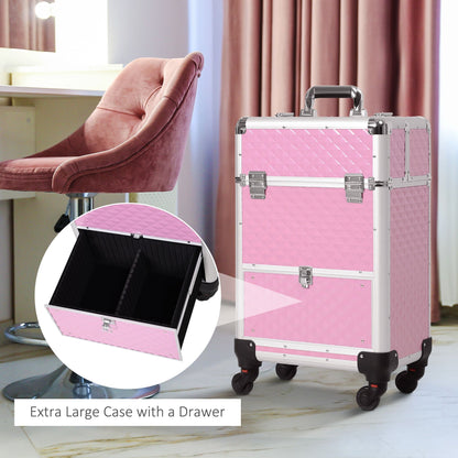 Makeup Train Case Portable Aluminum Rolling Cosmetic Organizer Trolley 4 Wheels Pink Salon Beauty Jewelry Storage - Renee Lane Company