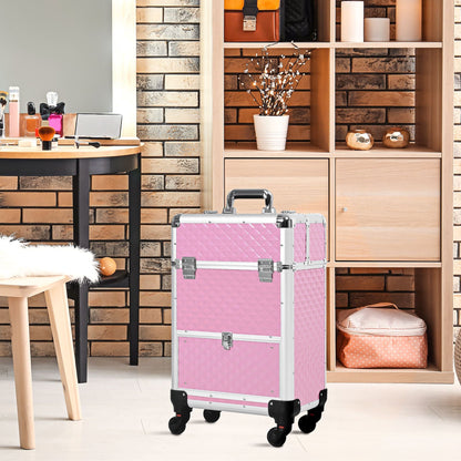 Makeup Train Case Portable Aluminum Rolling Cosmetic Organizer Trolley 4 Wheels Pink Salon Beauty Jewelry Storage - Renee Lane Company