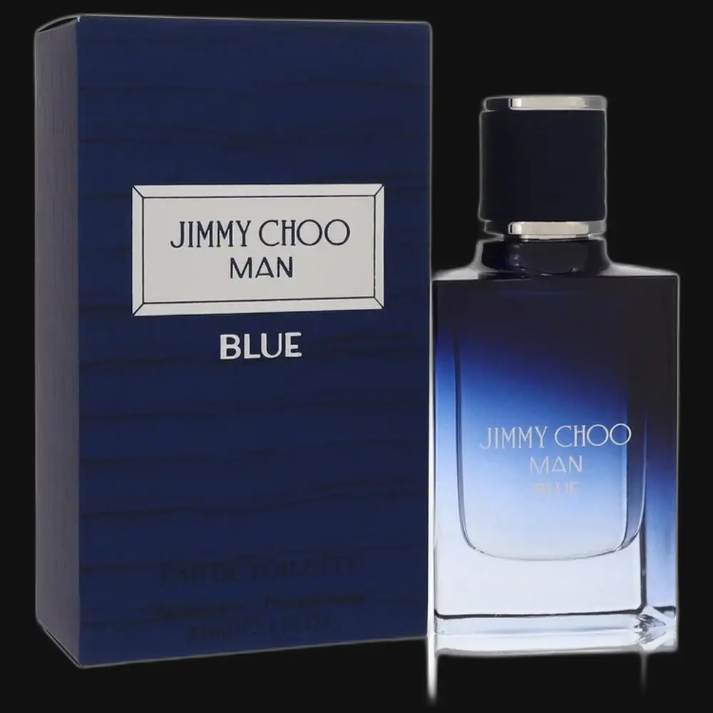 Jimmy Choo Man Blue cologne bottle with blue box, black cap and silver label