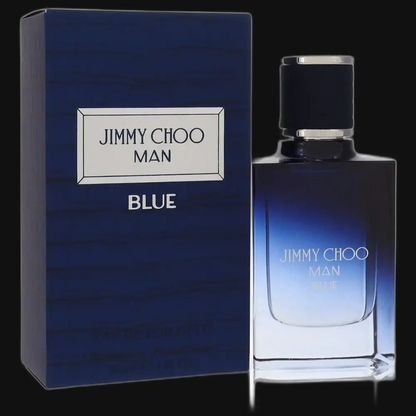 Jimmy Choo Man Blue cologne bottle with blue box, black cap and silver label