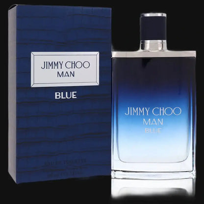 Jimmy Choo Man Blue cologne bottle and blue box, silver-toned cap
