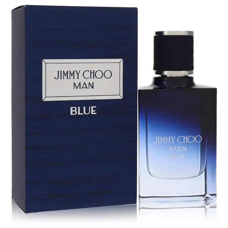 Jimmy Choo Man Blue cologne bottle with blue packaging and black cap