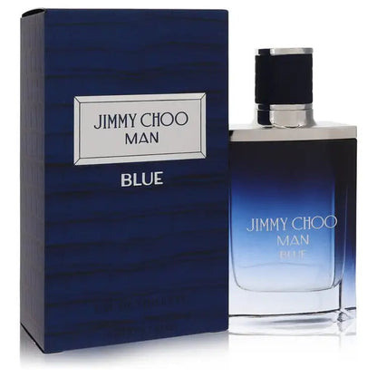 Jimmy Choo Man Blue cologne bottle with blue box and shiny black cap