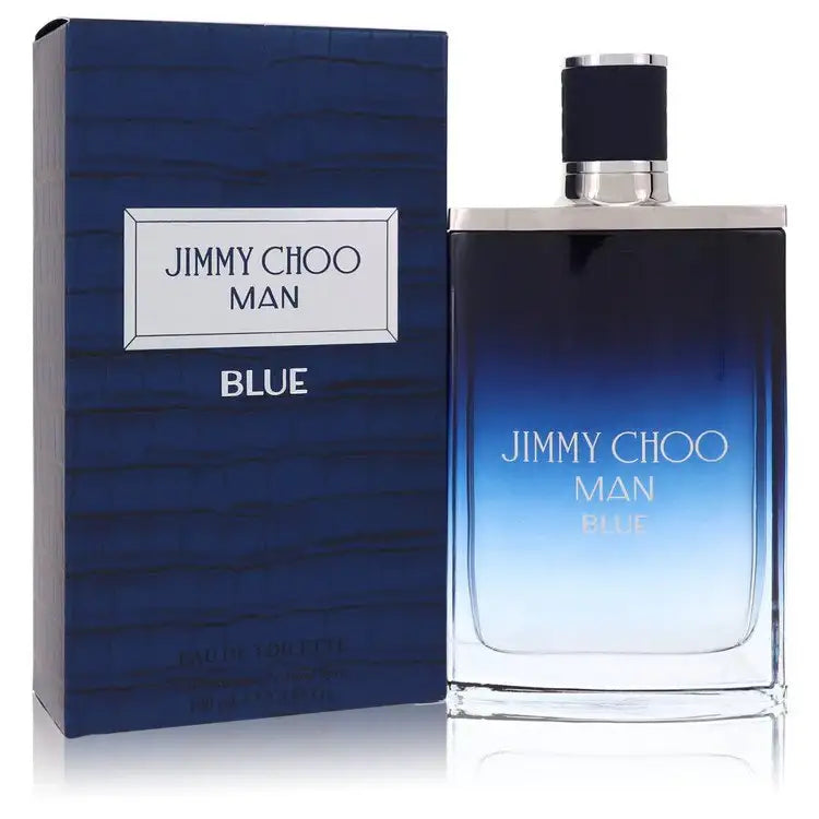 Jimmy Choo Man Blue cologne bottle with blue box, black cap and clear base