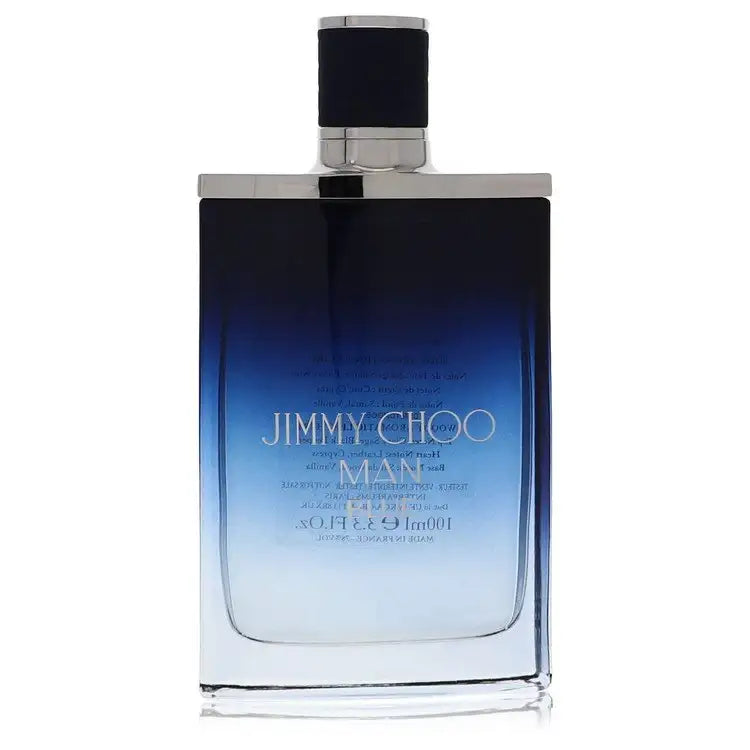 Jimmy Choo Man Blue cologne bottle, black cap, printed back text