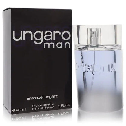 Ungaro Man eau de toilette set: clear bottle with silver cap beside black package