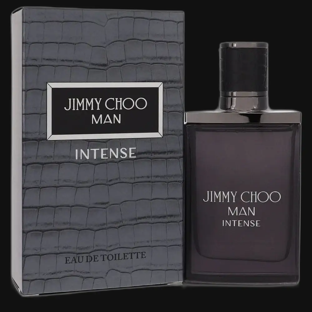 Men's cologne bottle and box, dark glass with silver cap, Jimmy Choo Man Intense