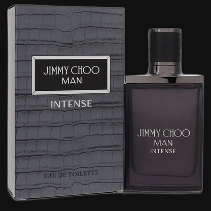 Men's cologne bottle and box, dark glass with silver cap, Jimmy Choo Man Intense