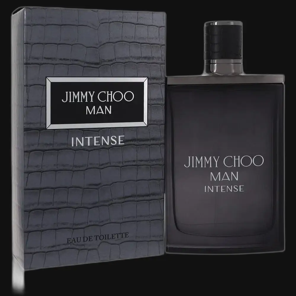Men's cologne and matching box, dark bottle with black cap and Jimmy Choo Man